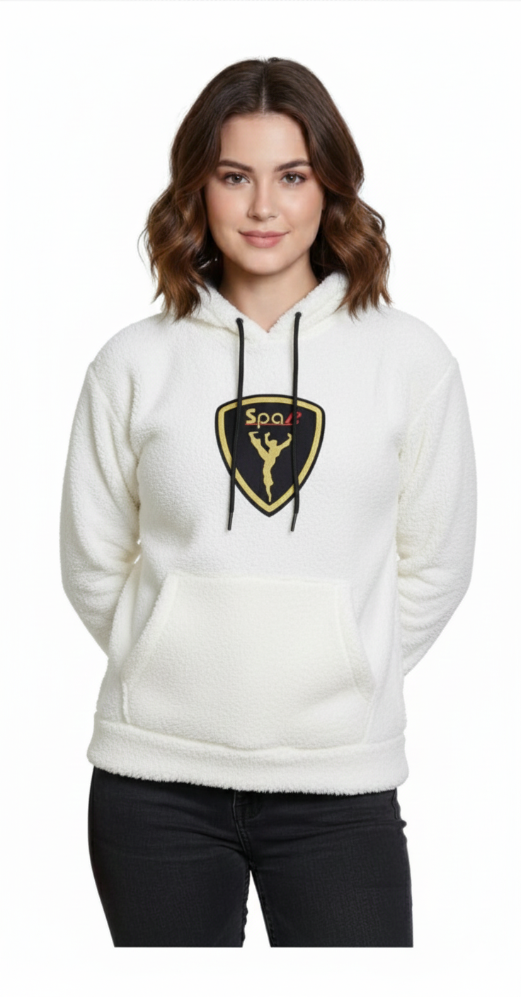 White Woolen Full Sleeves Regular Fit Hoodie For Women