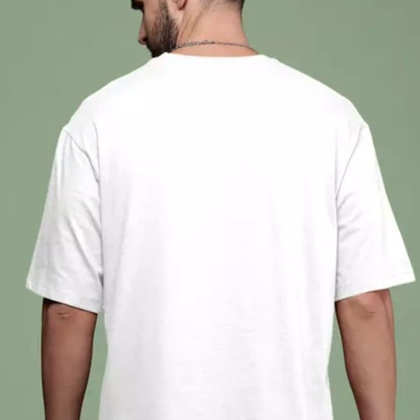 White Cotton Off-Shoulder Crew-Neck Printed T-Shirt For Men