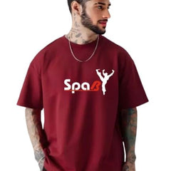 Maroon Cotton Off-Shoulder Crew-Neck Printed T-Shirt For Men