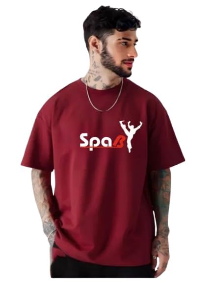 Maroon Cotton Off-Shoulder Crew-Neck Printed T-Shirt For Men