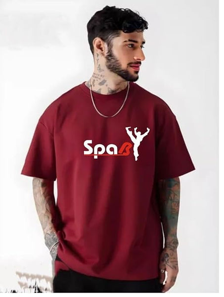 Maroon Cotton Off-Shoulder Crew-Neck Printed T-Shirt For Men
