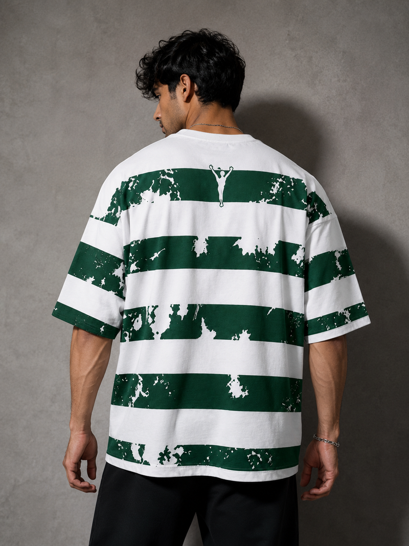 Forest Green Striped Graphic Oversized T-Shirt for Men
