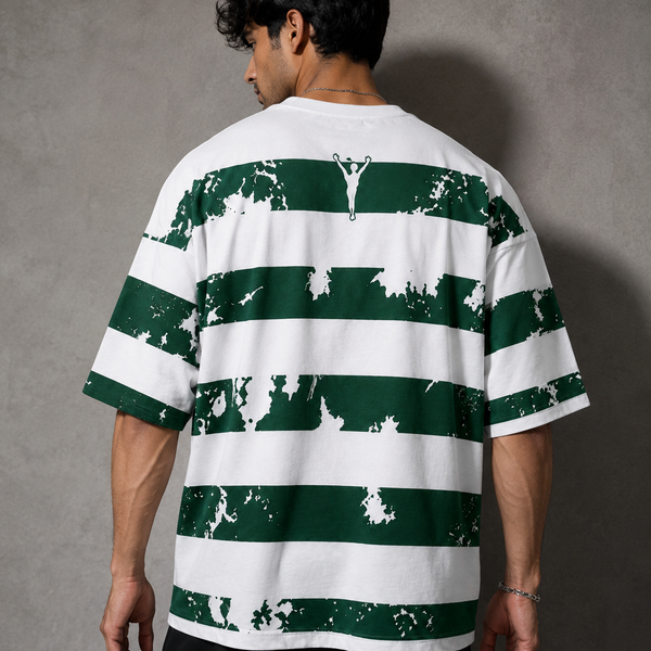 Forest Green Striped Graphic Oversized T-Shirt for Men