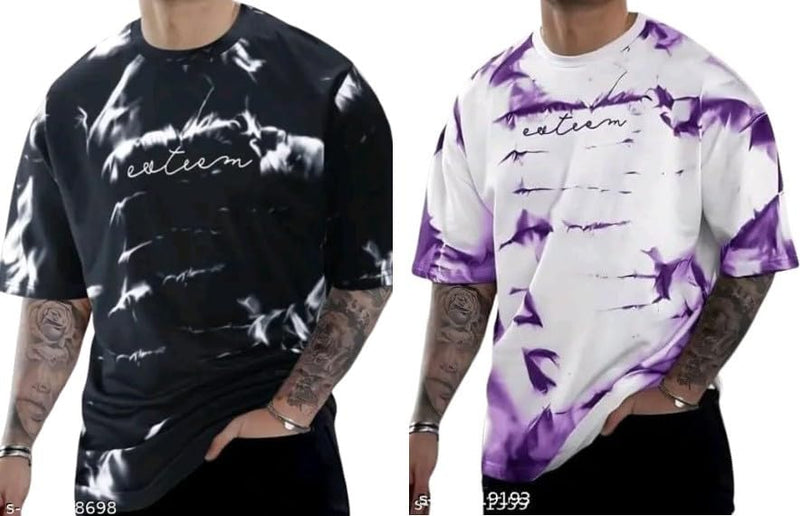 Pack Of 2 Black , White & Purple Cotton Printed Casual T-Shirt For Men
