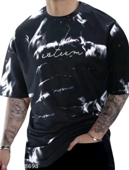 Black & White Cotton Printed Casual T-Shirt For Men