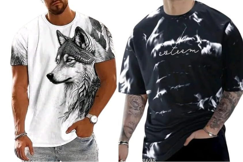 Pack Of 2 Black & White Cotton Printed Casual T-Shirt For Men