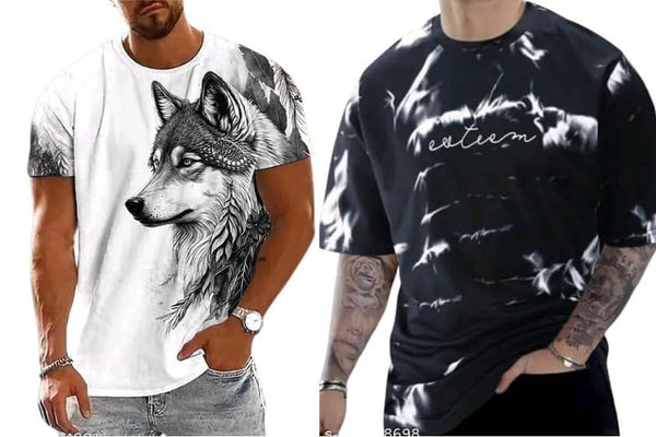 Pack Of 2 Black & White Cotton Printed Casual T-Shirt For Men