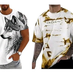 Pack Of 2 White , Black & Golden Cotton Printed Casual T-Shirt For Men