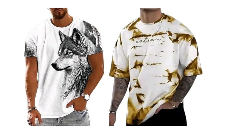 Pack Of 2 White , Black & Golden Cotton Printed Casual T-Shirt For Men