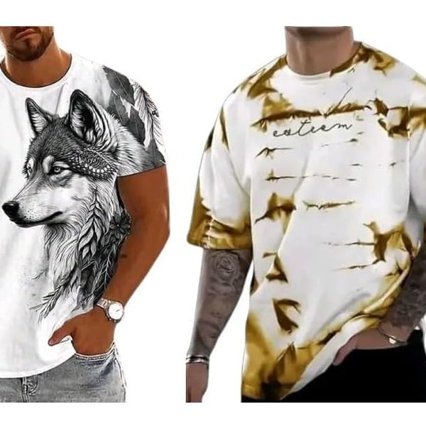 Pack Of 2 White , Black & Golden Cotton Printed Casual T-Shirt For Men