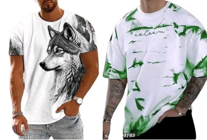 Pack Of 2 White , Black & Green Cotton Printed Casual T-Shirt For Men