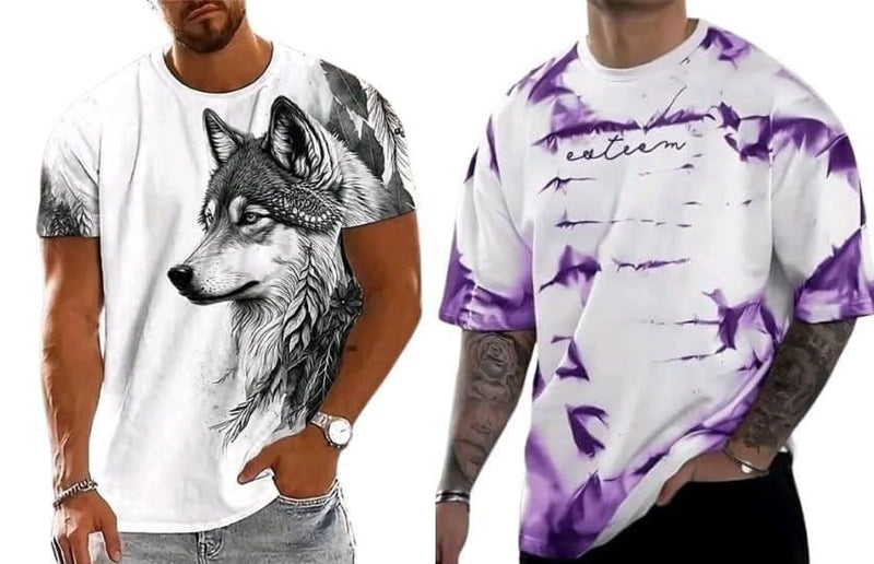 Pack Of 2 White , Black & Purple Cotton Printed Casual T-Shirt For Men