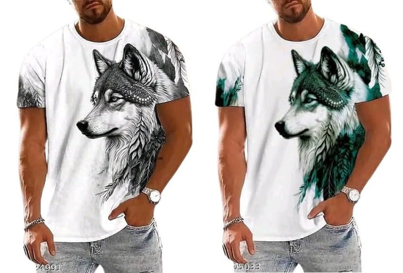 Pack Of 2 White , Black & Green Cotton Printed Casual T-Shirt For Men