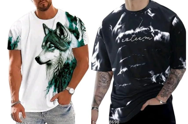 Pack Of 2 White , Black & Purple Cotton Printed Casual T-Shirt For Men