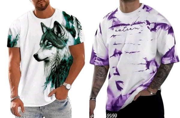 Pack Of 2 White , Green & Purple Cotton Printed Casual T-Shirt For Men