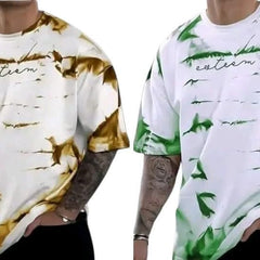 Pack Of 2 Golden & Green Cotton Printed Casual T-Shirt For Men