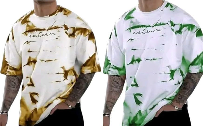 Pack Of 2 Golden & Green Cotton Printed Casual T-Shirt For Men