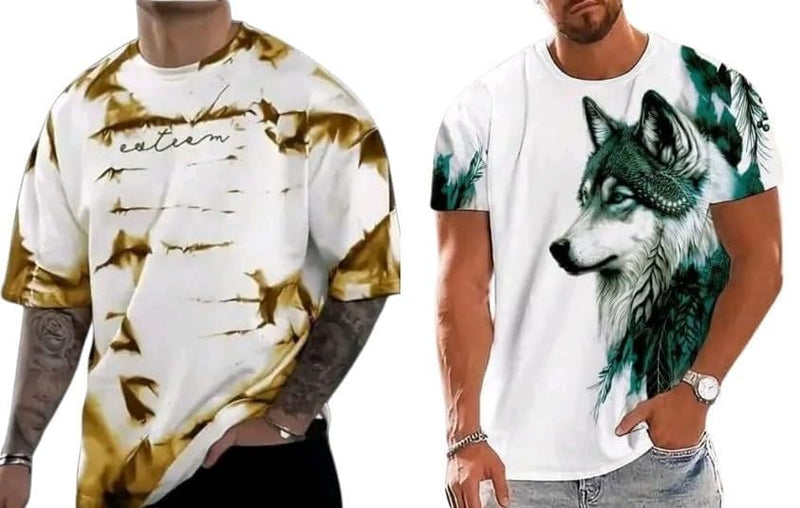 Pack Of 2 Golden & Green Cotton Printed Casual T-Shirt For Men