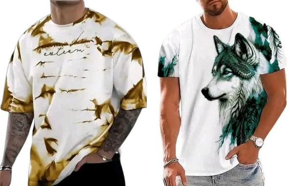 Pack Of 2 Golden & Green Cotton Printed Casual T-Shirt For Men
