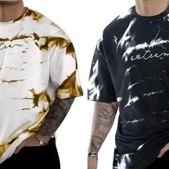 Pack Of 2 Golden , Black & White Cotton Printed Casual T-Shirt For Men
