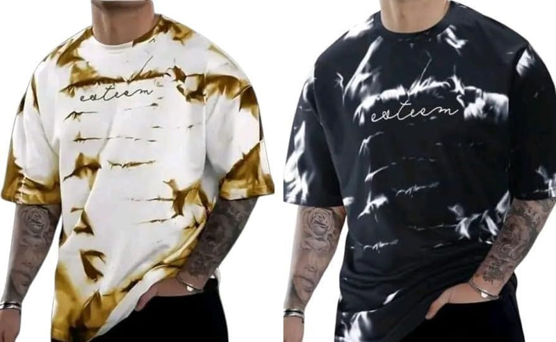 Pack Of 2 Golden , Black & White Cotton Printed Casual T-Shirt For Men