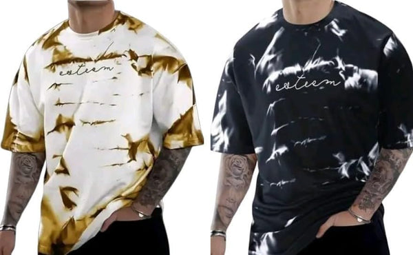 Pack Of 2 Golden , Black & White Cotton Printed Casual T-Shirt For Men