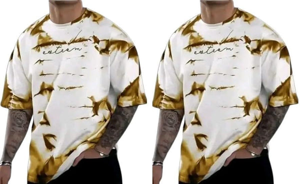 Pack Of 2 White & Golden Cotton Printed Casual T-Shirt For Men