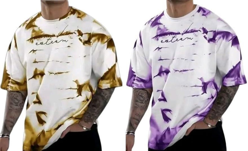 Pack Of 2 Golden & Purple Cotton Printed Casual T-Shirt For Men