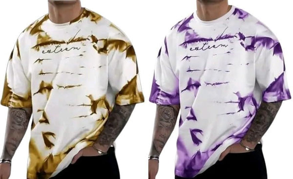 Pack Of 2 Golden & Purple Cotton Printed Casual T-Shirt For Men