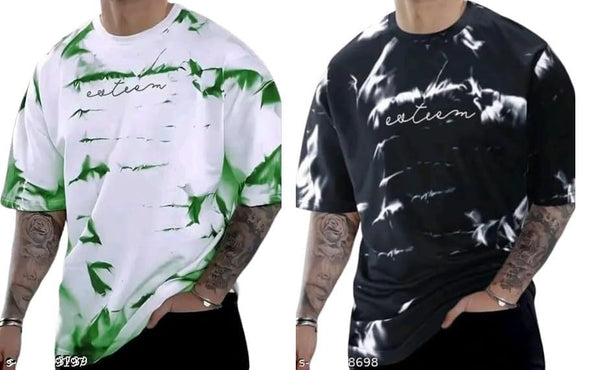 Pack Of 2 Green , Black & White Cotton Printed Casual T-Shirt For Men