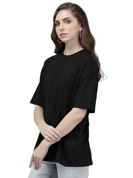 Black Cotton Regular Fit Plain T-Shirt For Women
