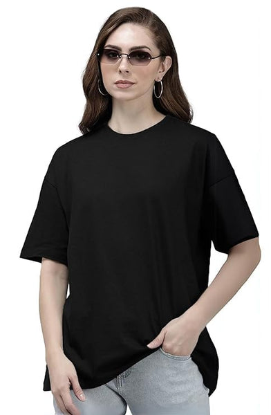 Black Cotton Regular Fit Plain T-Shirt For Women