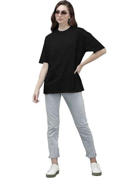 Black Cotton Regular Fit Plain T-Shirt For Women