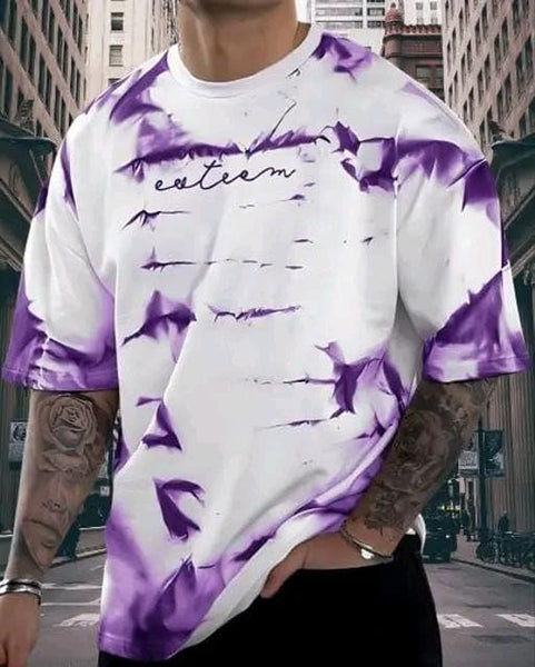 White & Purple Cotton Printed Casual T-Shirt For Men